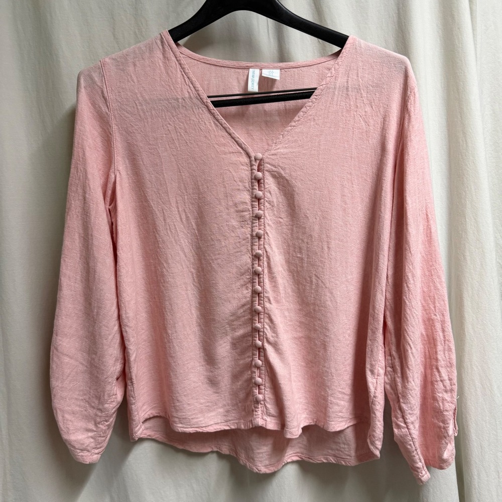 Cynthia Rowley Pink Linen Blend V-Neck Button Front Cinch Sleeve Blouse Small